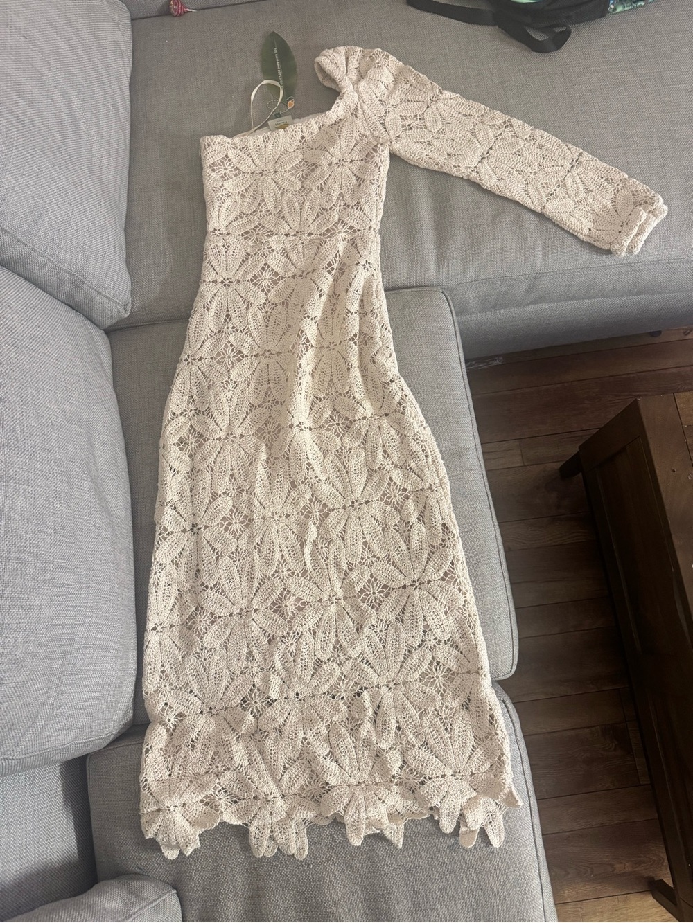 FARM Rio Cream One-Shoulder Crochet Midi Dress